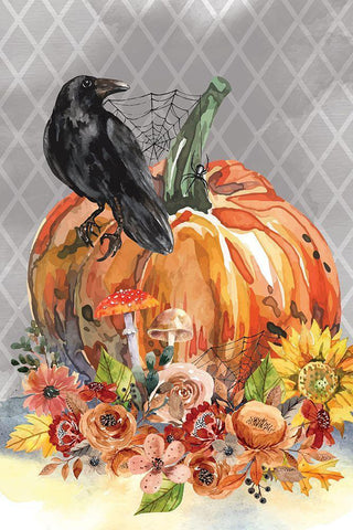 Crow on a Pumpkin Black Ornate Wood Framed Art Print with Double Matting by ND Art