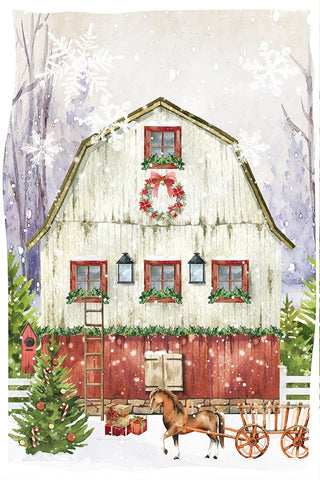 Country Christmas Barn White Modern Wood Framed Art Print with Double Matting by ND Art