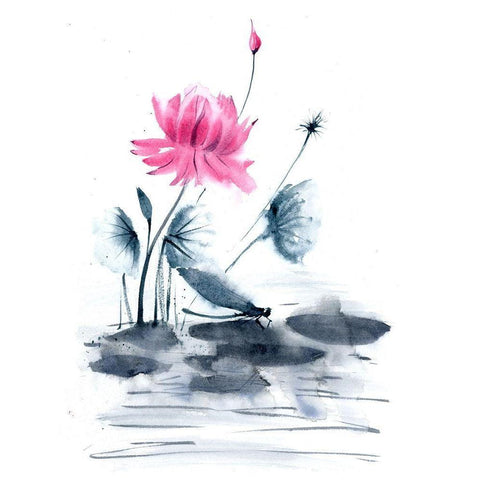Pink Flower and a Lily Pad Black Modern Wood Framed Art Print with Double Matting by Shefranov, Olga