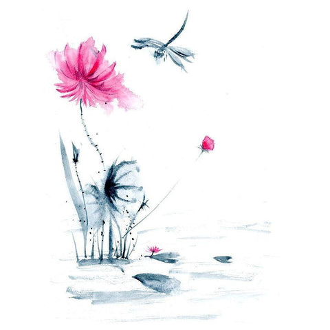 Pink Flower and a Lily Pad II Black Modern Wood Framed Art Print with Double Matting by Shefranov, Olga