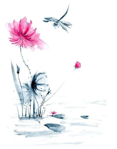 Pink Flower and a Lily Pad II Black Ornate Wood Framed Art Print with Double Matting by Shefranov, Olga