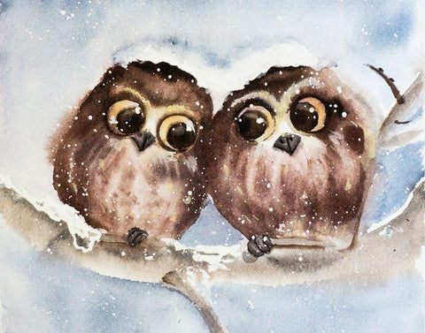 Owls White Modern Wood Framed Art Print with Double Matting by Shefranov, Olga