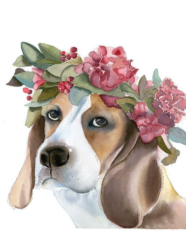 Flower Crown Puppy White Modern Wood Framed Art Print with Double Matting by Shefranov, Olga
