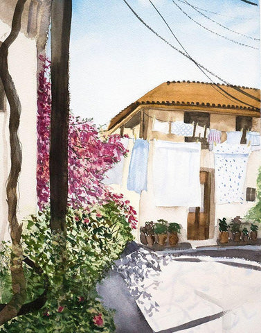 Clothesline White Modern Wood Framed Art Print with Double Matting by Shefranov, Olga