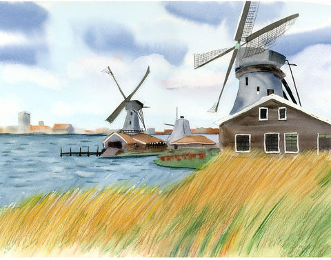 Windmills White Modern Wood Framed Art Print with Double Matting by Shefranov, Olga