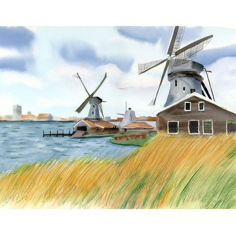 Windmills Black Modern Wood Framed Art Print with Double Matting by Shefranov, Olga