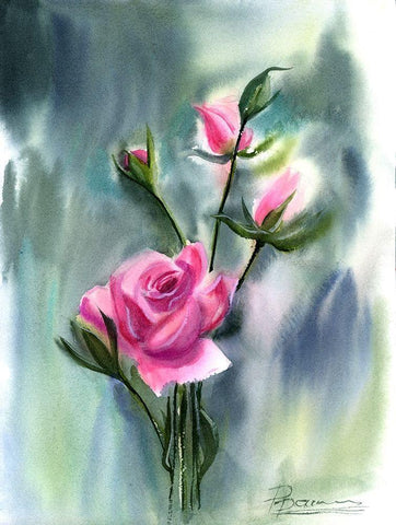 Pink Roses Black Ornate Wood Framed Art Print with Double Matting by Shefranov, Olga