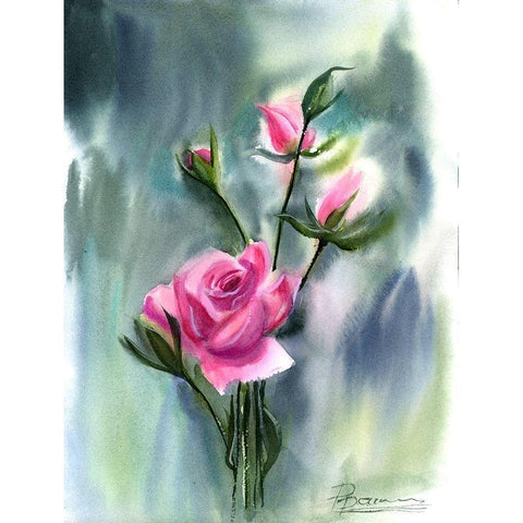 Pink Roses Gold Ornate Wood Framed Art Print with Double Matting by Shefranov, Olga