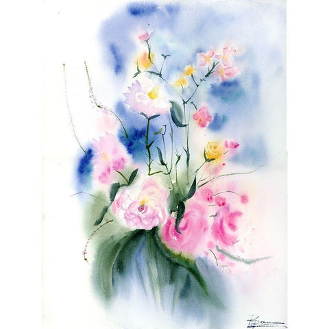 Pink Flowers Black Modern Wood Framed Art Print by Shefranov, Olga