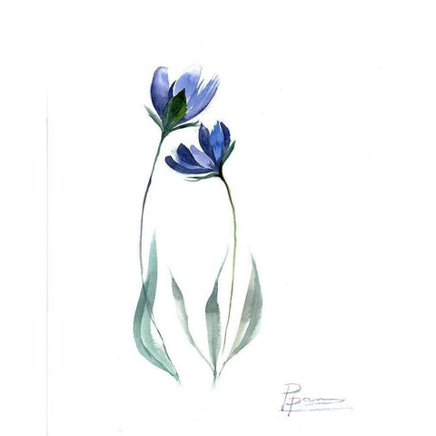 Blue Flowers Gold Ornate Wood Framed Art Print with Double Matting by Shefranov, Olga