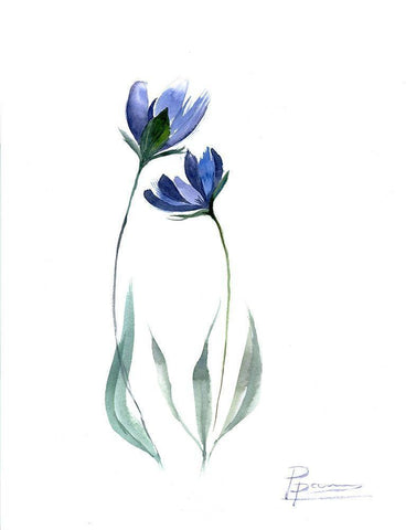 Blue Flowers White Modern Wood Framed Art Print with Double Matting by Shefranov, Olga