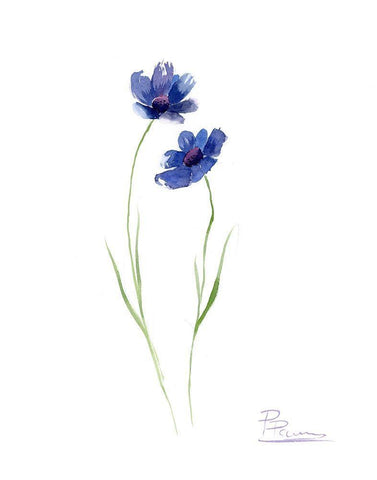 Blue Flowers II White Modern Wood Framed Art Print with Double Matting by Shefranov, Olga