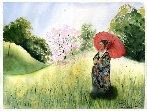 Asian Landscape II White Modern Wood Framed Art Print with Double Matting by Shefranov, Olga