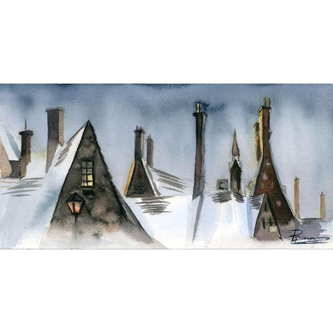 Winter Rooftops Gold Ornate Wood Framed Art Print with Double Matting by Shefranov, Olga