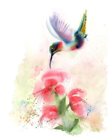 Red Flower Hummingbird Black Ornate Wood Framed Art Print with Double Matting by Shefranov, Olga