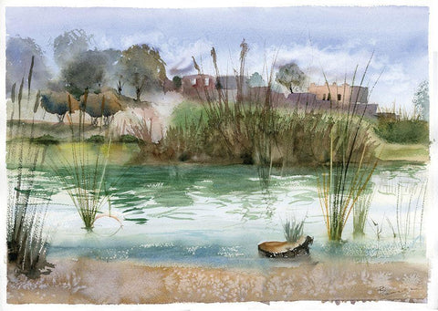 Pond White Modern Wood Framed Art Print with Double Matting by Shefranov, Olga