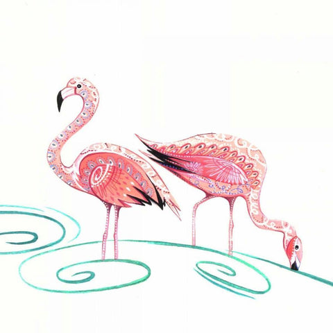 Flamingos White Modern Wood Framed Art Print with Double Matting by P.S. Art Studios