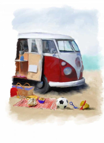 Beach Van Black Ornate Wood Framed Art Print with Double Matting by P.S. Art Studios