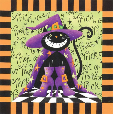 Halloween Cat White Modern Wood Framed Art Print with Double Matting by P.S. Art Studios