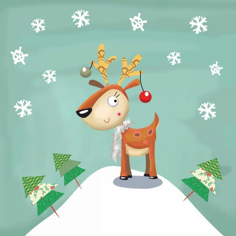 Snowy Reindeer White Modern Wood Framed Art Print with Double Matting by P.S. Art Studios