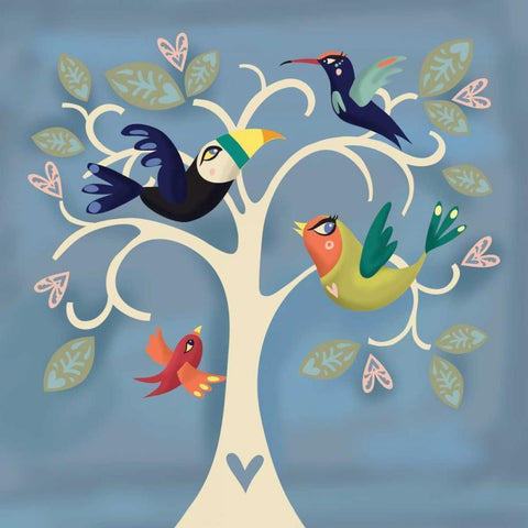 Birds in a Tree Black Modern Wood Framed Art Print by P.S. Art Studios