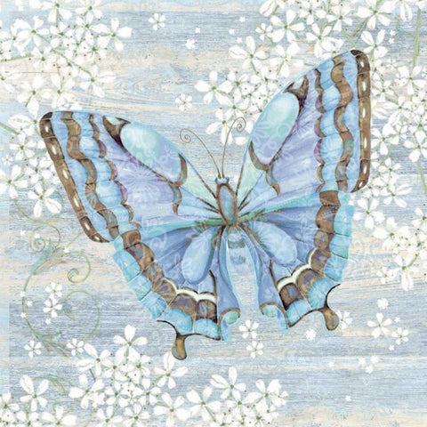 Blue Butterfly White Modern Wood Framed Art Print with Double Matting by P.S. Art Studios