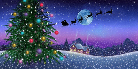 Santas Sleigh Black Ornate Wood Framed Art Print with Double Matting by P.S. Art Studios