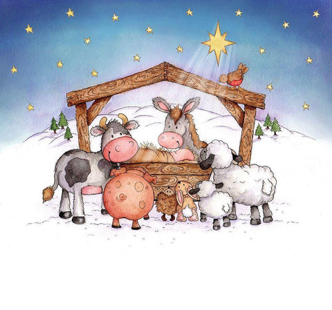 Animal Nativity White Modern Wood Framed Art Print with Double Matting by P.S. Art