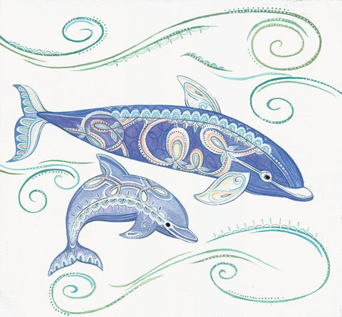 Dolphins II White Modern Wood Framed Art Print with Double Matting by P.S. Art