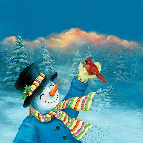 Cardinal and Snowman Gold Ornate Wood Framed Art Print with Double Matting by P.S. Art