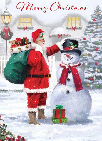 Santa Snowman Black Ornate Wood Framed Art Print with Double Matting by P.S. Art