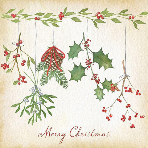 Merry Christmas Holly Black Ornate Wood Framed Art Print with Double Matting by P.S. Art