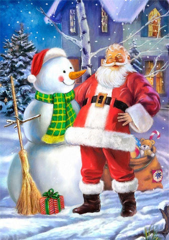 Santa and Snowman Black Ornate Wood Framed Art Print with Double Matting by P.S. Art