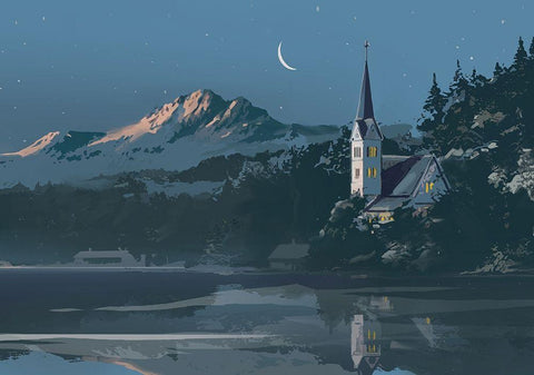 Church on a Blue Lake Black Ornate Wood Framed Art Print with Double Matting by P.S. Art