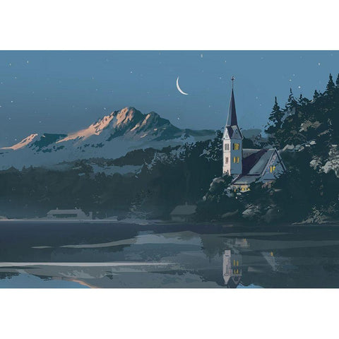 Church on a Blue Lake Black Modern Wood Framed Art Print by P.S. Art