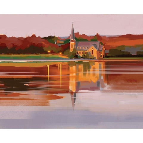 Church at Sunset Black Modern Wood Framed Art Print with Double Matting by P.S. Art