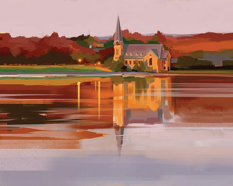 Church at Sunset White Modern Wood Framed Art Print with Double Matting by P.S. Art