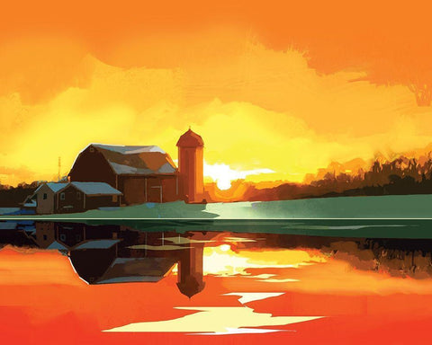 Barn at Sunset White Modern Wood Framed Art Print with Double Matting by P.S. Art