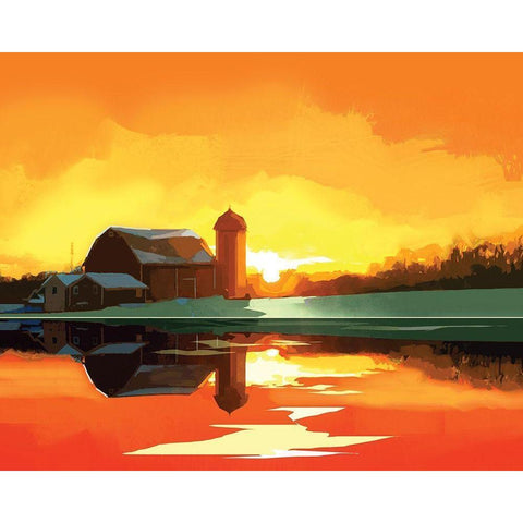 Barn at Sunset Black Modern Wood Framed Art Print with Double Matting by P.S. Art
