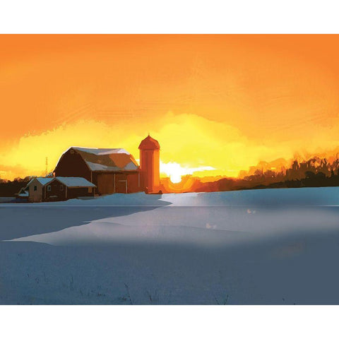 Winter Barn at Sunset White Modern Wood Framed Art Print by P.S. Art