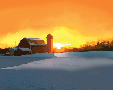 Winter Barn at Sunset Black Ornate Wood Framed Art Print with Double Matting by P.S. Art