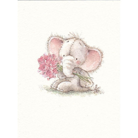 Baby Elephant with Flowers Gold Ornate Wood Framed Art Print with Double Matting by P.S. Art