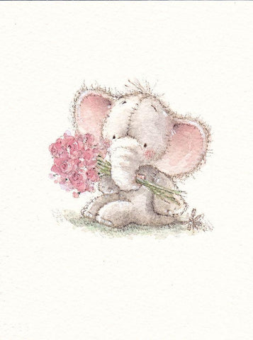 Baby Elephant with Flowers White Modern Wood Framed Art Print with Double Matting by P.S. Art