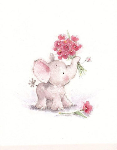 Baby Elephant with Flowers II White Modern Wood Framed Art Print with Double Matting by P.S. Art