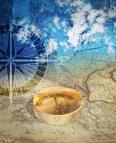 Compass White Modern Wood Framed Art Print with Double Matting by P.S. Art