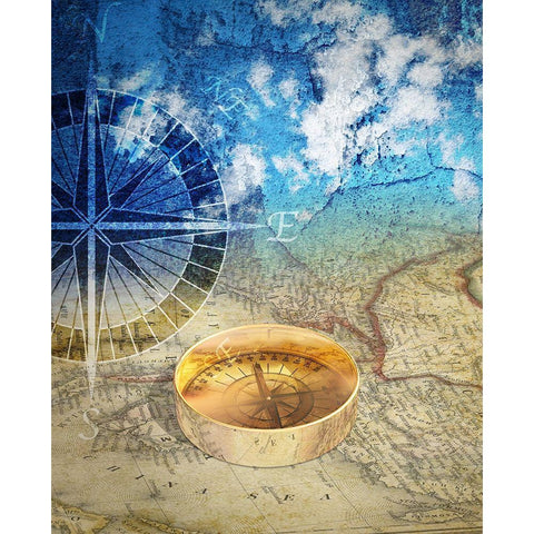 Compass Black Modern Wood Framed Art Print with Double Matting by P.S. Art