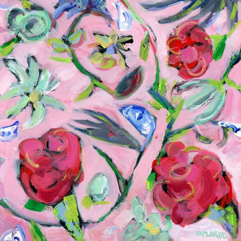 Blue and White with Pink Pattern Gold Ornate Wood Framed Art Print with Double Matting by Pamela J. Wingard