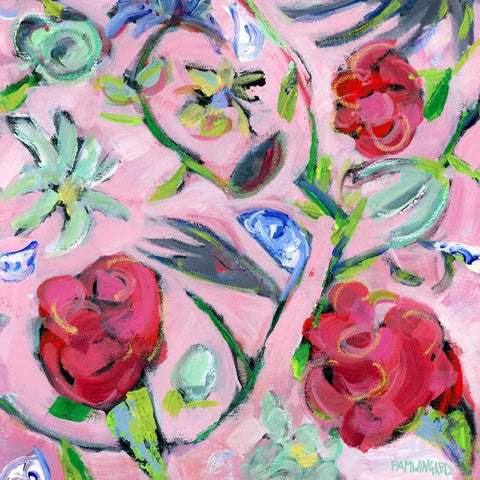 Blue and White with Pink Pattern Black Ornate Wood Framed Art Print with Double Matting by Pamela J. Wingard