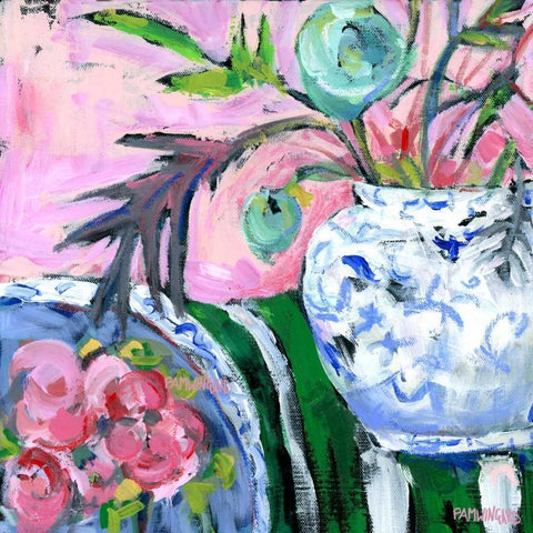 Blue and White with Pink Gold Ornate Wood Framed Art Print with Double Matting by Pamela J. Wingard