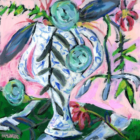 Blue and White with Pink II Black Modern Wood Framed Art Print with Double Matting by Pamela J. Wingard